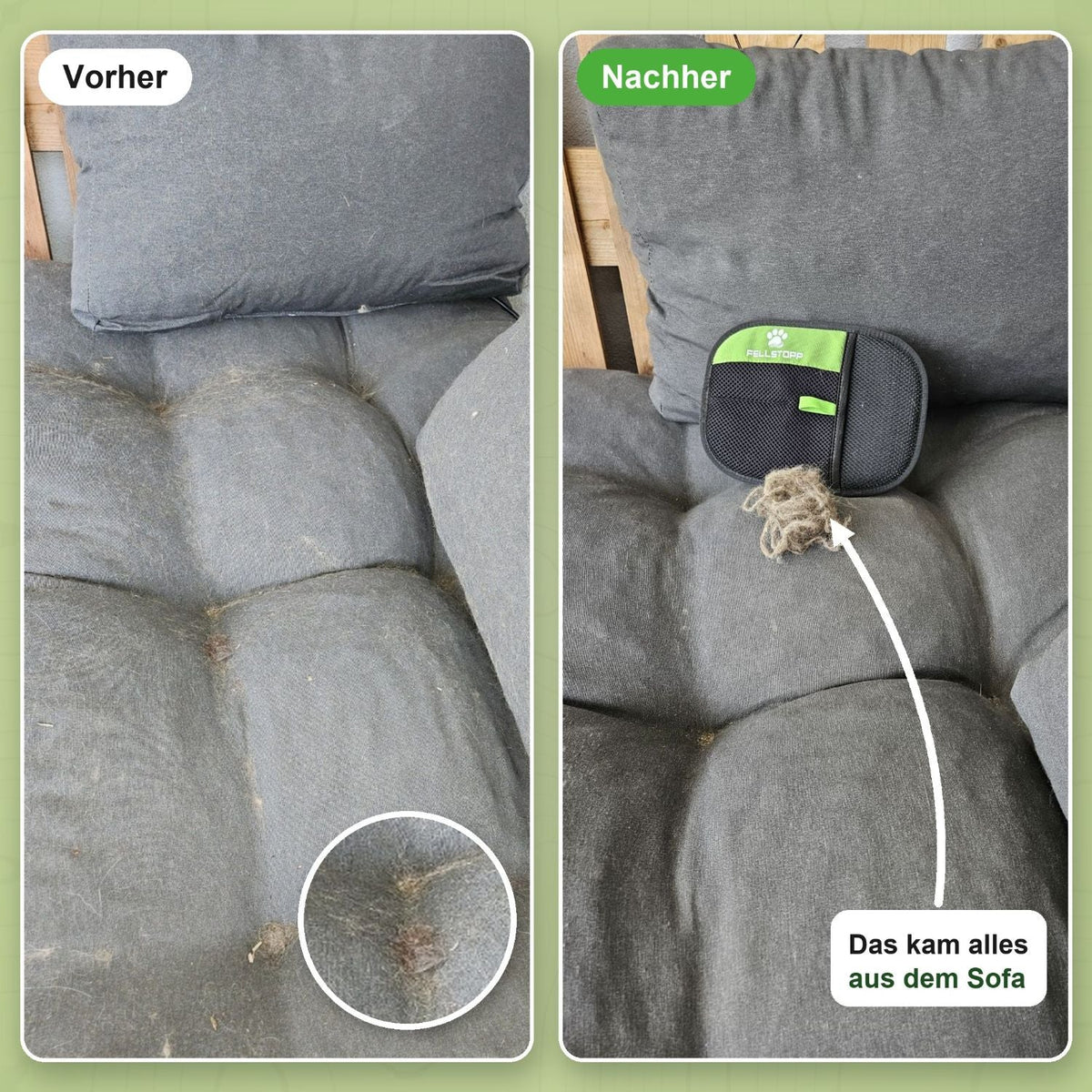Sofa vorher voller Katzenhaare und nachher sauber dank Fellstopp