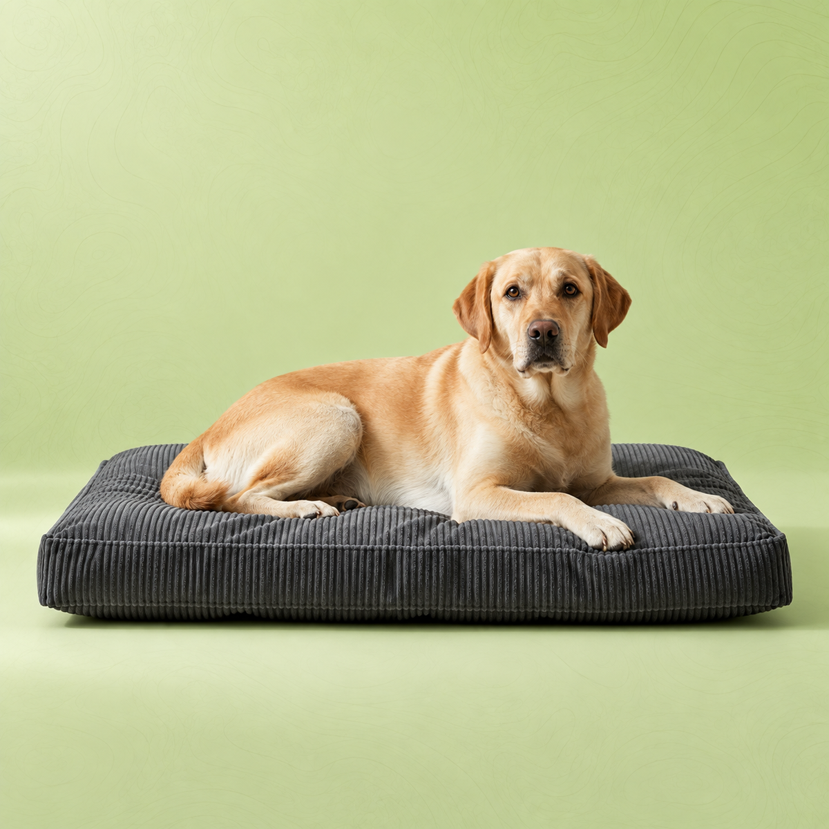 Golden Retriever auf einem grauen Hundebett – Fellstopp Tierhaarentferner-Handschuh zur Entfernung von Hundehaaren auf Tierbetten.