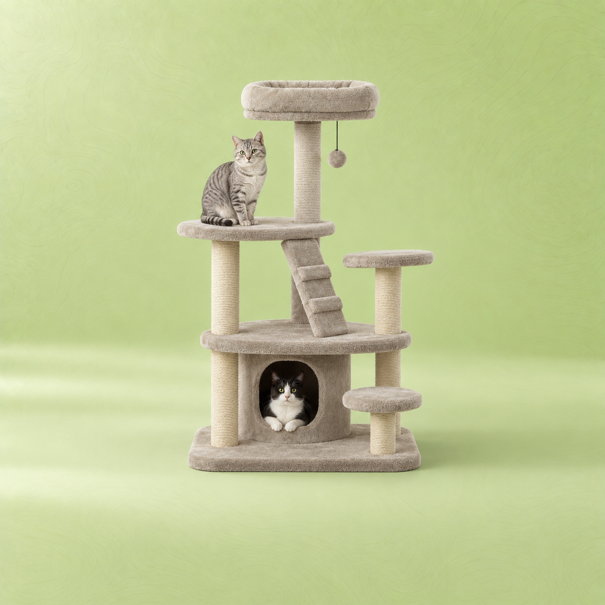 Zwei Katzen auf einem beigefarbenen Kratzbaum – Fellstopp Tierhaarentferner-Handschuh zur Entfernung loser Katzenhaare von Katzenbäumen.