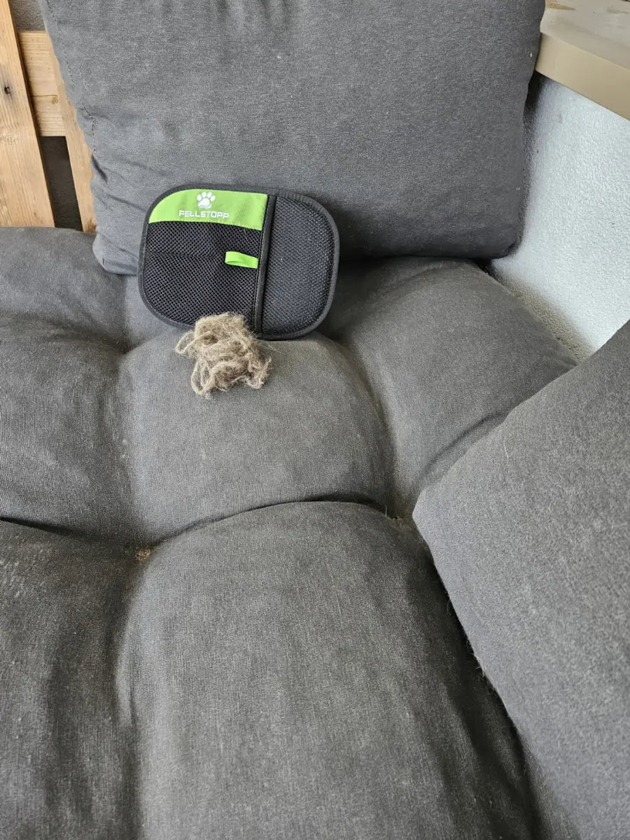Dieselben Sofapolster nach der Reinigung, daneben der Fellstopp Handschuh mit dem abgezogenen Tierhaar-Büschel