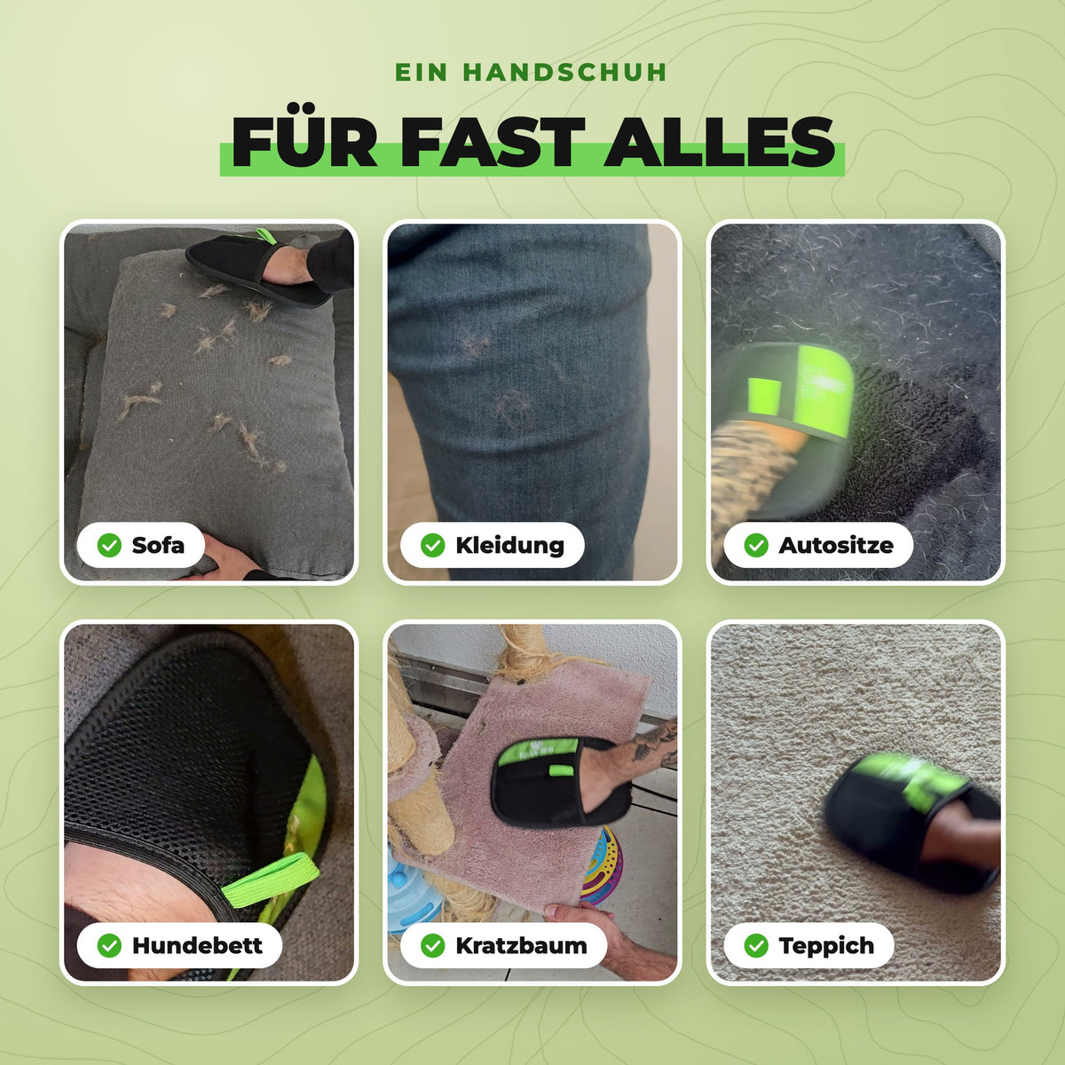 Tierhaare entfernen mit Fellstopp auf Sofa, Kleidung, Autositz, Hundebett, Kratzbaum und Teppich