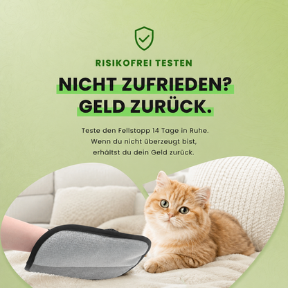 Fellstopp Tierhaarentferner-Handschuh neben einer Katze auf dem Sofa. Infografik zur 14 Tage Geld-zurück-Garantie mit risikofreiem Testen und Rückerstattung bei Unzufriedenheit.
