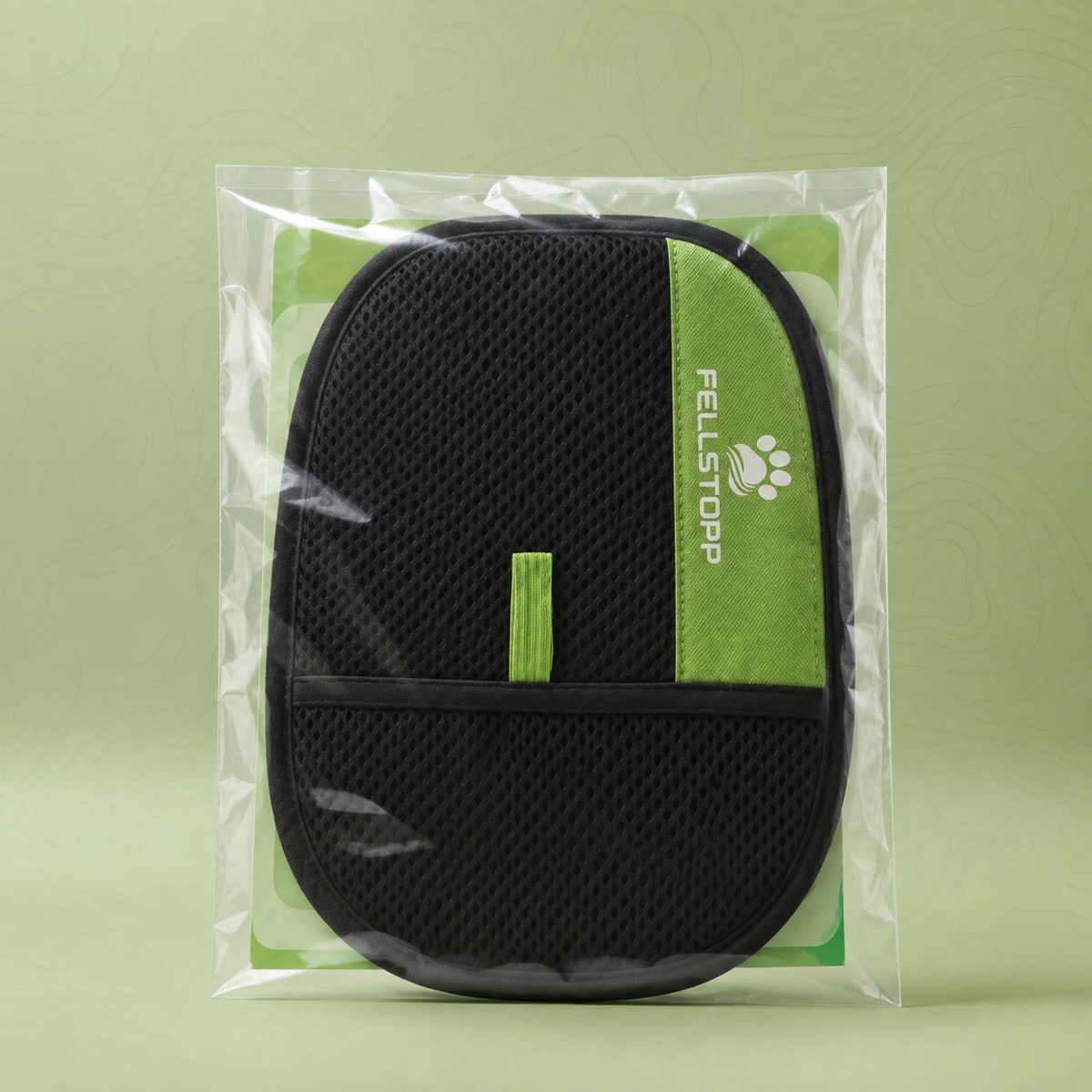 Fellstopp Tierhaarentferner-Handschuh in transparenter Verpackung mit bedienungsanleitung
