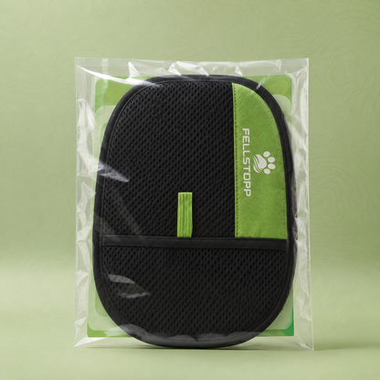Fellstopp Tierhaarentferner-Handschuh in transparenter Verpackung mit bedienungsanleitung
