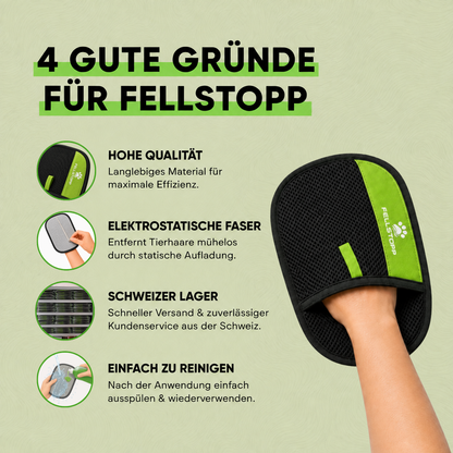 Vier gute Gründe für Fellstopp: hohe Qualität, elektrostatische Faserstruktur, einfache Reinigung und vielseitige Anwendung des Tierhaarentferner-Handschuhs.